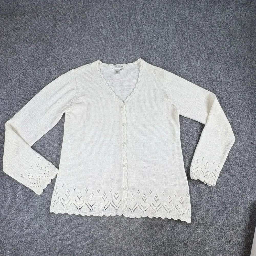 Vintage 90s Coldwater Creek Cardigan Sweater Woman L Ivory Openwork Knit Cottage